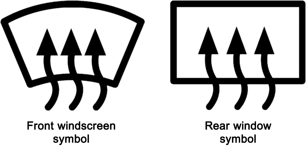 Front windscreen and rear window car defrost symbols