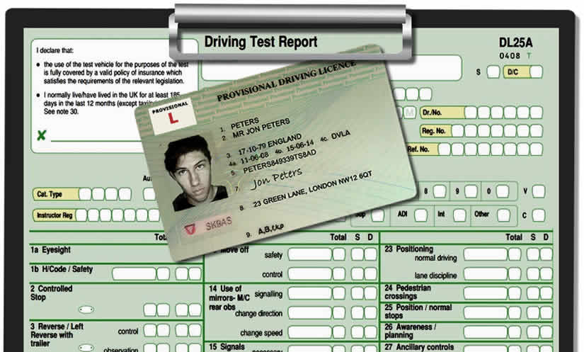 Provisional driving licence and test report sheet