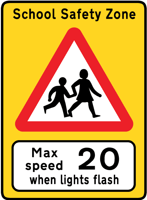 School safety road sign with advisory 20 mph speed limit when lights flash