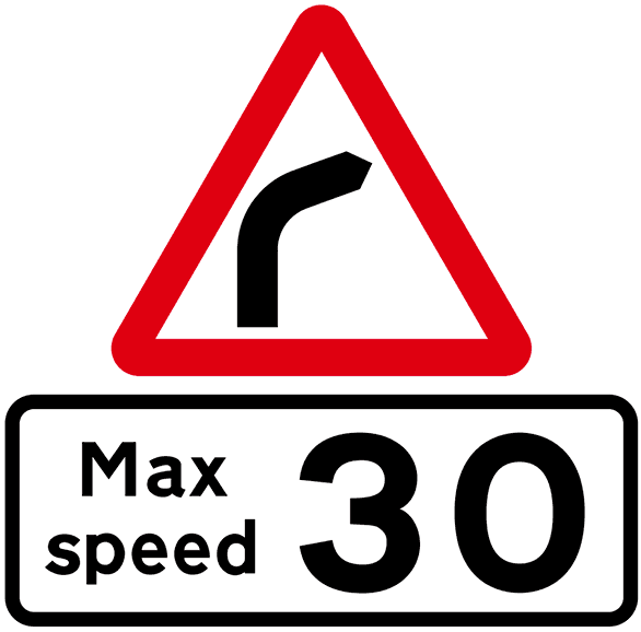 Advisory speed limit sign of 30 mph due to bend in road