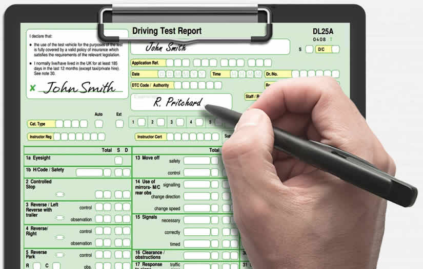 Examiner filling out driving test report sheet