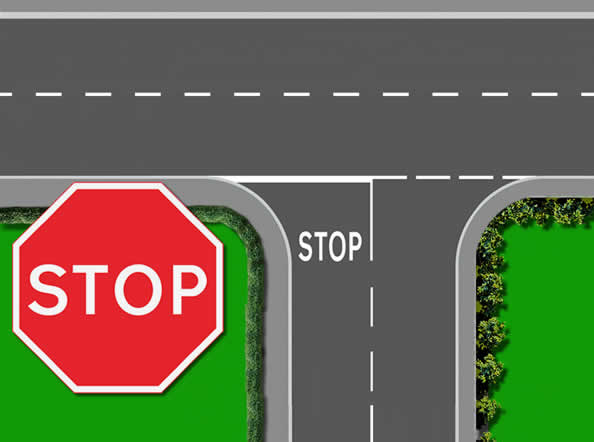 Stop T-junction with a solid white line road marking