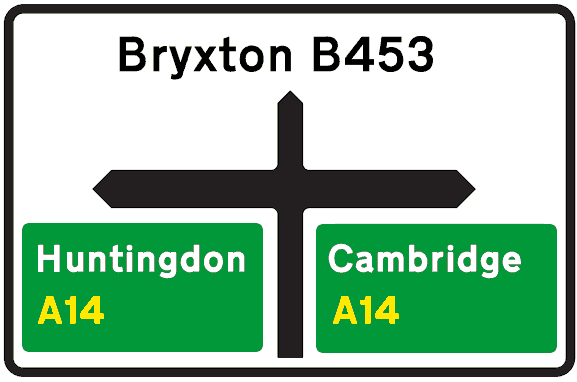 Non-primary 'B' road sign with directions to primary routes