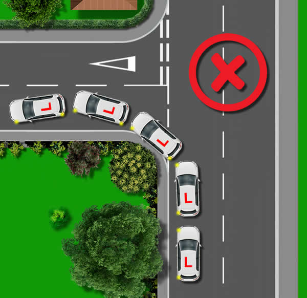 Diagram of car mounting kerb on a left turn due to bad road positioning
