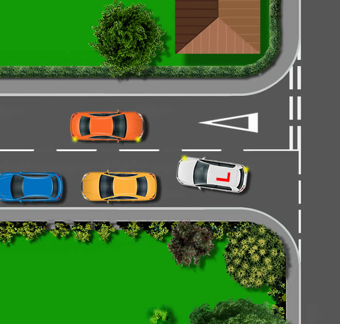 Diagram of a car turning into a left side road and stopping to give way due to pared cars