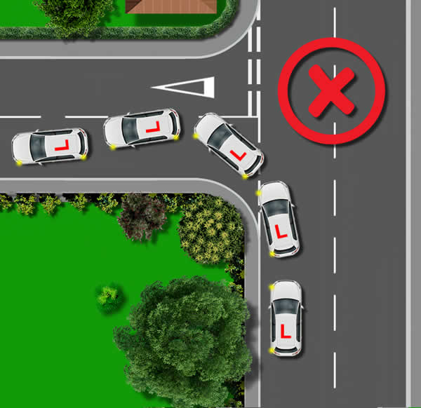 Diagram of car overshooting a left turn and ending up on the opposite side of the road