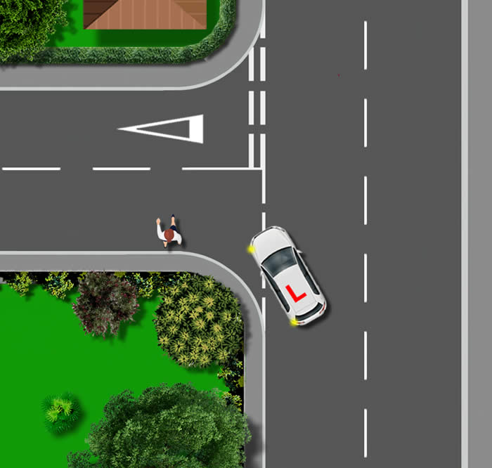 Diagram of car making a left turn just as a pedestrian is crossing the road