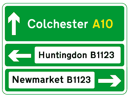 Primary 'A' road sign with directions to non primary routes