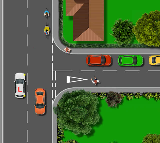 Diagram of a car making a right turn at a busy junction