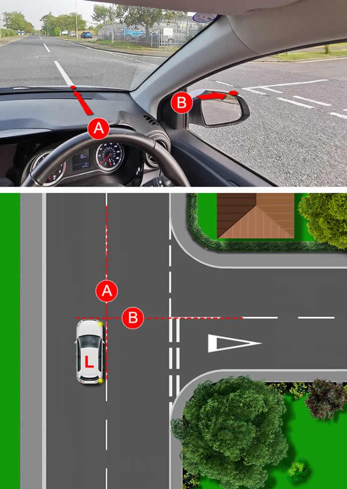 Reference points to use when making a right turn in a car