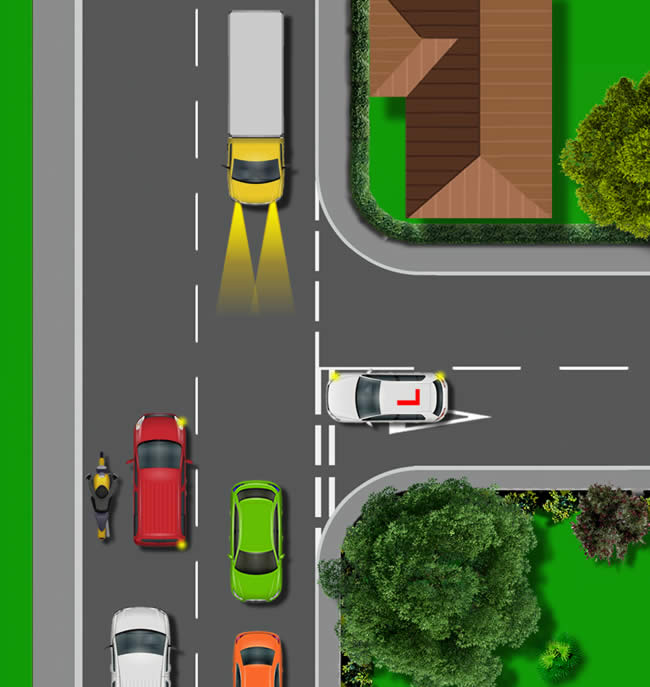 Diagram of two cars attempting to turn right with a driver flashing them out